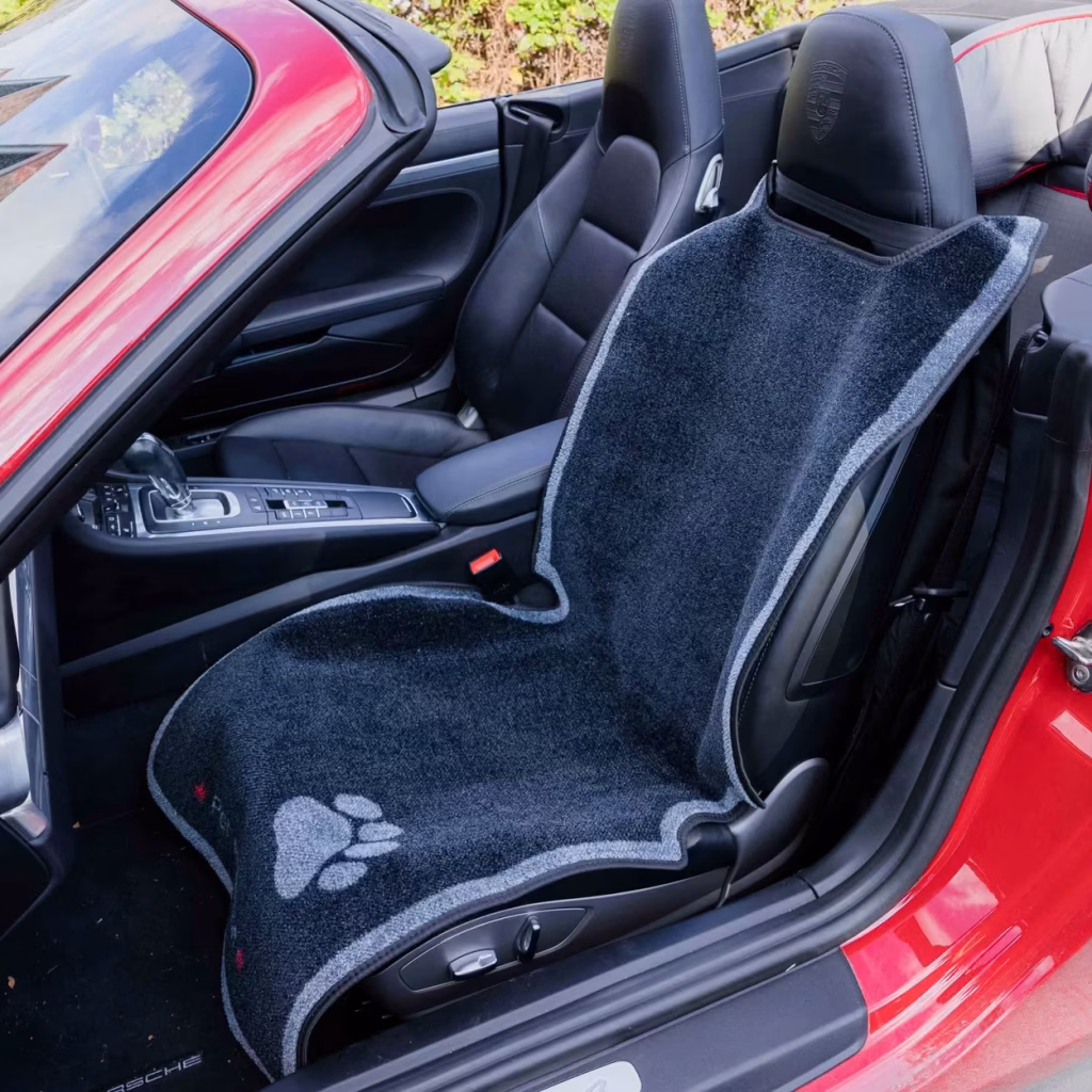 dog car seat cover on a leather car seat